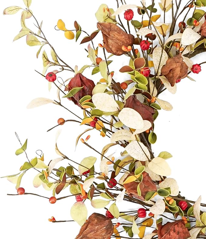 YNYLCHMX 18" Fall Wreaths for Front Door, Artificial Autumn Wreath, Fall Wreath with Eucalyptus Leaves and Berries for Home Porch Window Wall Farmhouse Decor, Indoor Outdoor, Holiday Decor