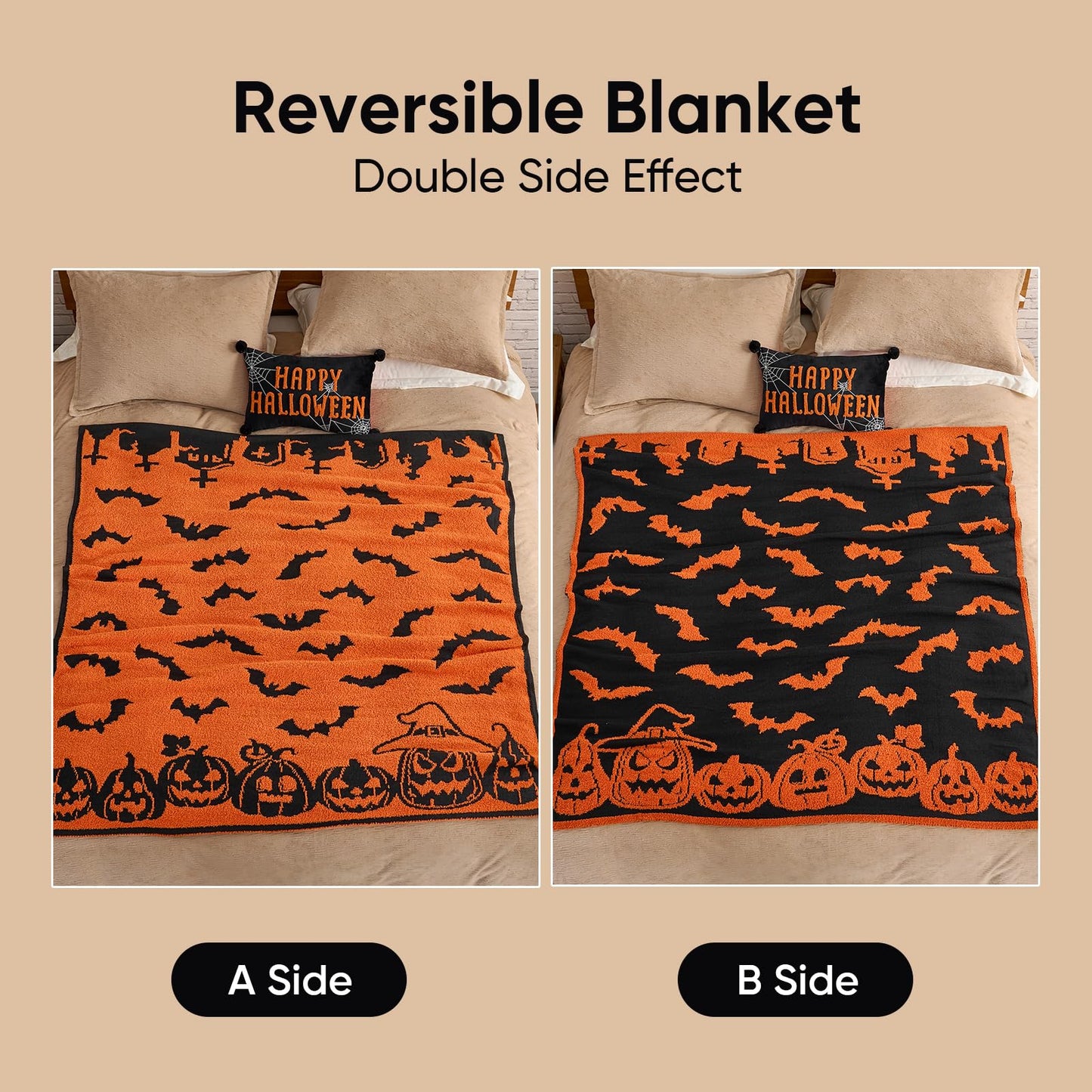 Snuggle Sac Halloween Throw Blanket Orange Pumpkin Bat Blanket,Reversible Rip Lightweight Soft Blanket for Decorating Couch Sofa Bed, Spooky Gift for Women Men Kids,50×60 inches
