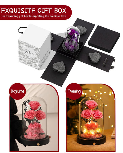 Valentines Day Flowers Roses Gifts for Her,Forever Real Preserved Roses in Glass Dome,Valentines Day Anniversary Birthday Gifts for Wife Girlfriend Women Mom Best Friend Her/Purple Rose