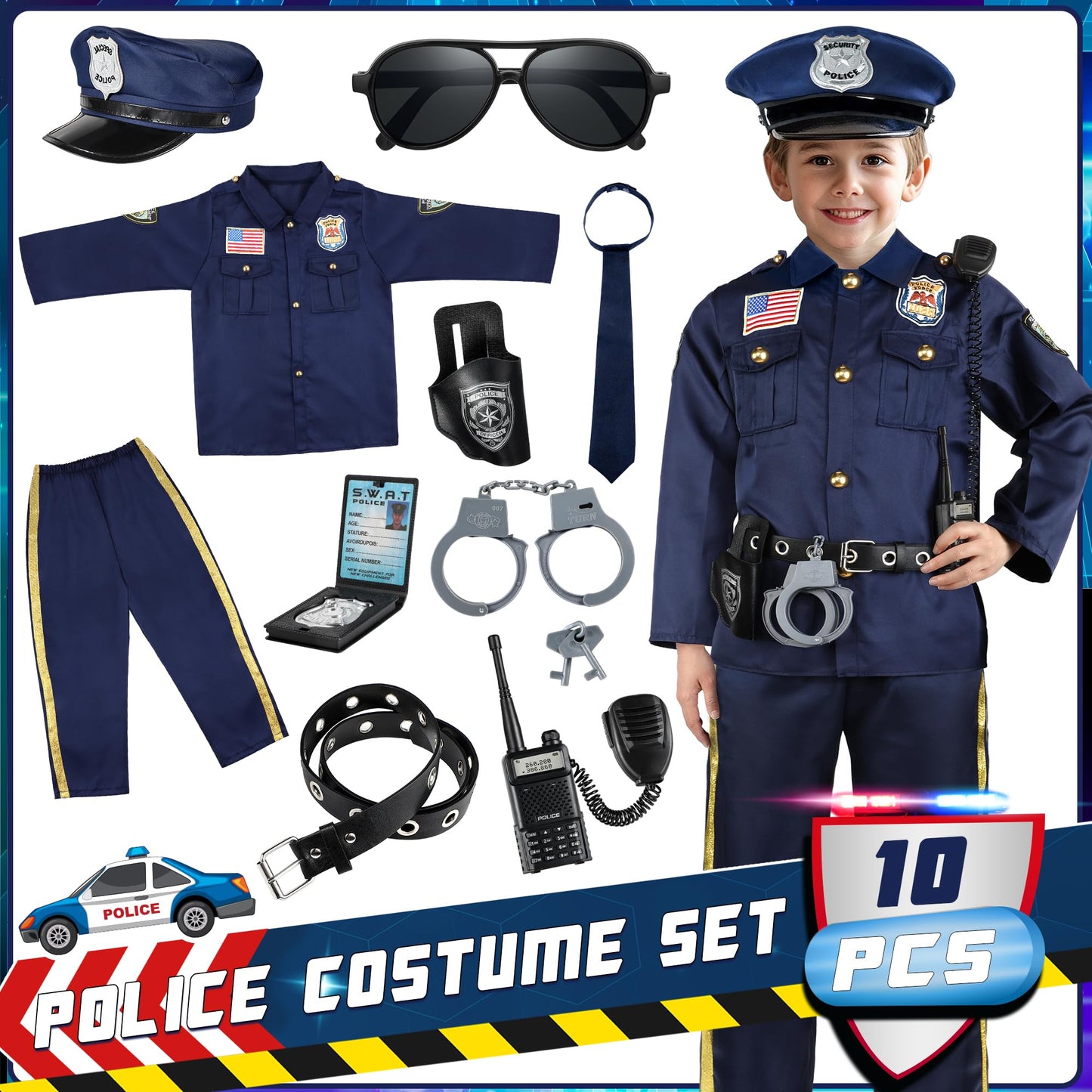 Joycover Police Officer Costume for Kids, Cop Costume Outfit Set with Toy Accessories, Halloween Costumes for Boys