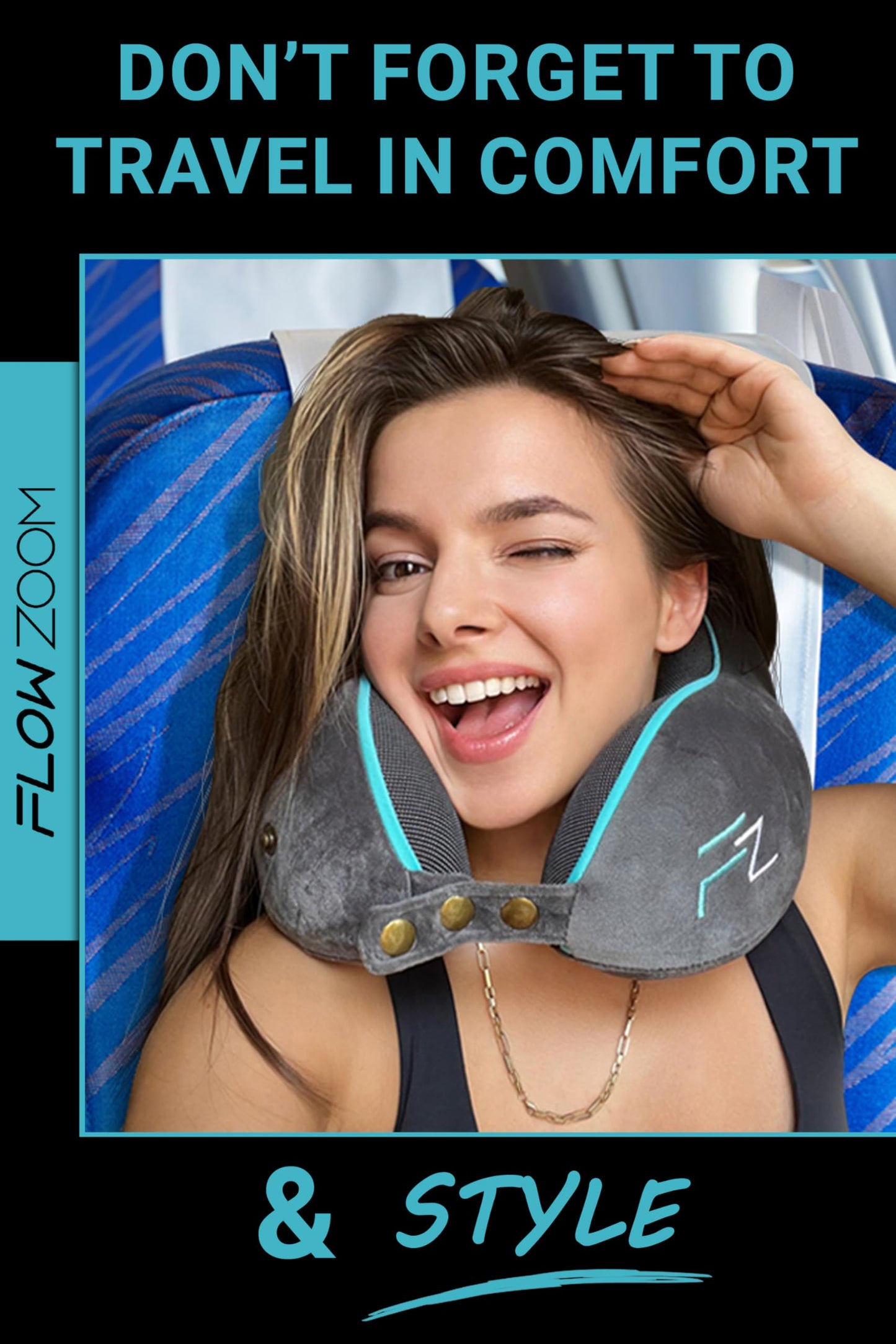FLOWZOOM Memory Foam Travel Pillow for Airplanes & Car Rides – Adjustable Airplane Pillow with 360° Chin and Neck Support for Comfy Naps, Extra-Soft Washable Neck Pillow Cover, Squeezy Mesh Bag – Grey