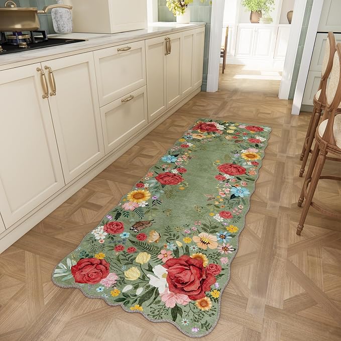 Kitchen Rug Runners for Hallways: 2x6 Washable Runner Rugs for Kitchen Ultra Thin Stain Resistant Non Slip Low Pile Lightweight Vintage Floral Carpet for Laundry Room, Bedside Decor (Green)