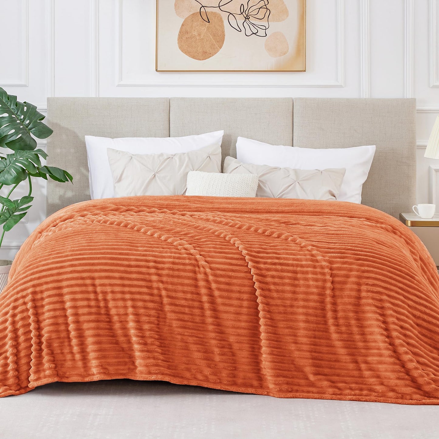 BEDELITE Fleece Blanket Queen Size, 3D Ribbed Jacquard Soft & Warm Decorative Blankets – Cozy, Fuzzy, Fluffy, Plush Lightweight Throw Blankets for Couch, Bed, Sofa(Orange, 90x90 inches)