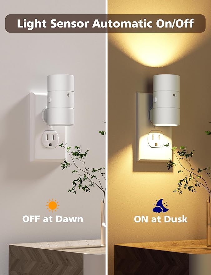 Night Lights Plug Into Wall,Dimmable LED Nightlight with Dusk to Dawn Light Sensor,0-100LM Adjustable Brightness,3 Color Temperatures,Night Light for Hallway Bathroom Stair Bedroom,White,2 Pack