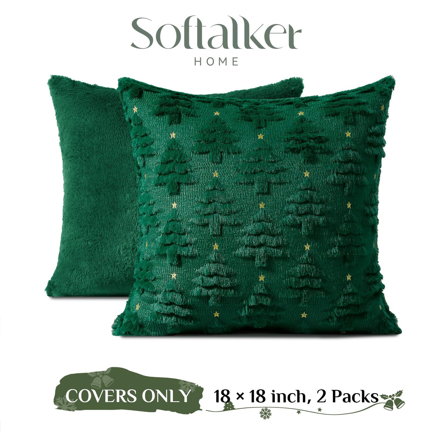 Softalker Christmas Throw Pillow Covers 18 x 18 Inch Set of 2, Xmas Winter Christmas Tree Faux Fur Cushion Covers, 3D Embroidered Pillow Cases for Couch Bedroom Living Room Decor, Green