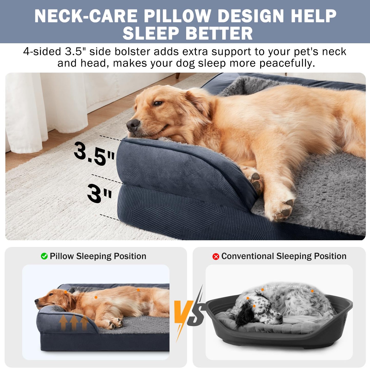 JOEJOY Extra Large Dog Bed, Orthopedic Memory Foam Dog Beds, Washable Dog Bed, Grey, Fits up to 90lbs, Good for Golden Retriever, Labrador，German Shepherd，Samoye，Rottweiler