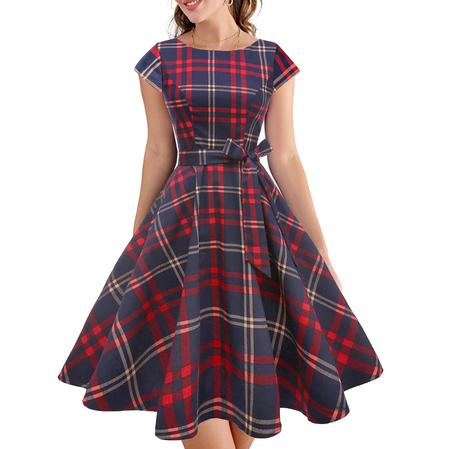 PUKAVT Women's 1950 Boatneck Cap Sleeve Vintage Swing Cocktail Party Dress with Pockets Red Plaid L