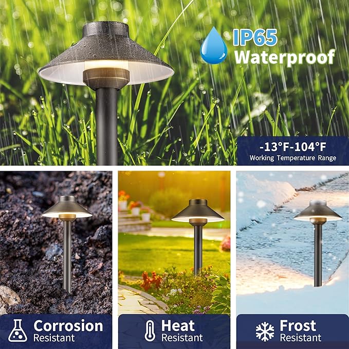 Gardenreet Brass Low Voltage Path Lights - 12V Landscaping Pathway Light IP65 Waterproof, Wired Walkway Lighting Outdoor, LED Antique Bronze for Lawn Backyard with 3W 5000K Daylight G4 Bulb (8 Pack)