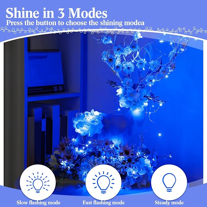 Hortsun 100 Packs Fairy Lights Battery Operated 3 Speed Modes, 7 Ft/ 2 M 20 LED Battery String Mini Waterproof Wire Twinkle Lights Bulk for Wedding Party Birthday Vases (Blue Light)