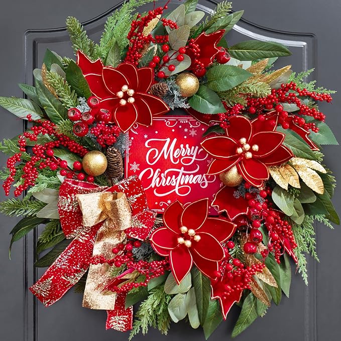 Christmas Wreath with Lights, 24 Inch Lighted Christmas Wreath for Front Door, Winter Wreath with LED Lights, red Berries, Pinecones, Gold Ball, Red Bow, Merry Christmas Sign for Indoor or Outdoor