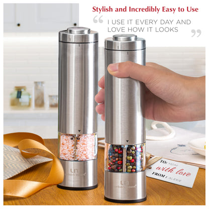 Electric Salt and Pepper Grinder Set - Battery Operated Stainless Steel Mill with Light (2 Mills) - Automatic One Handed Operation - Electronic Adjustable Shakers - Ceramic Grinders