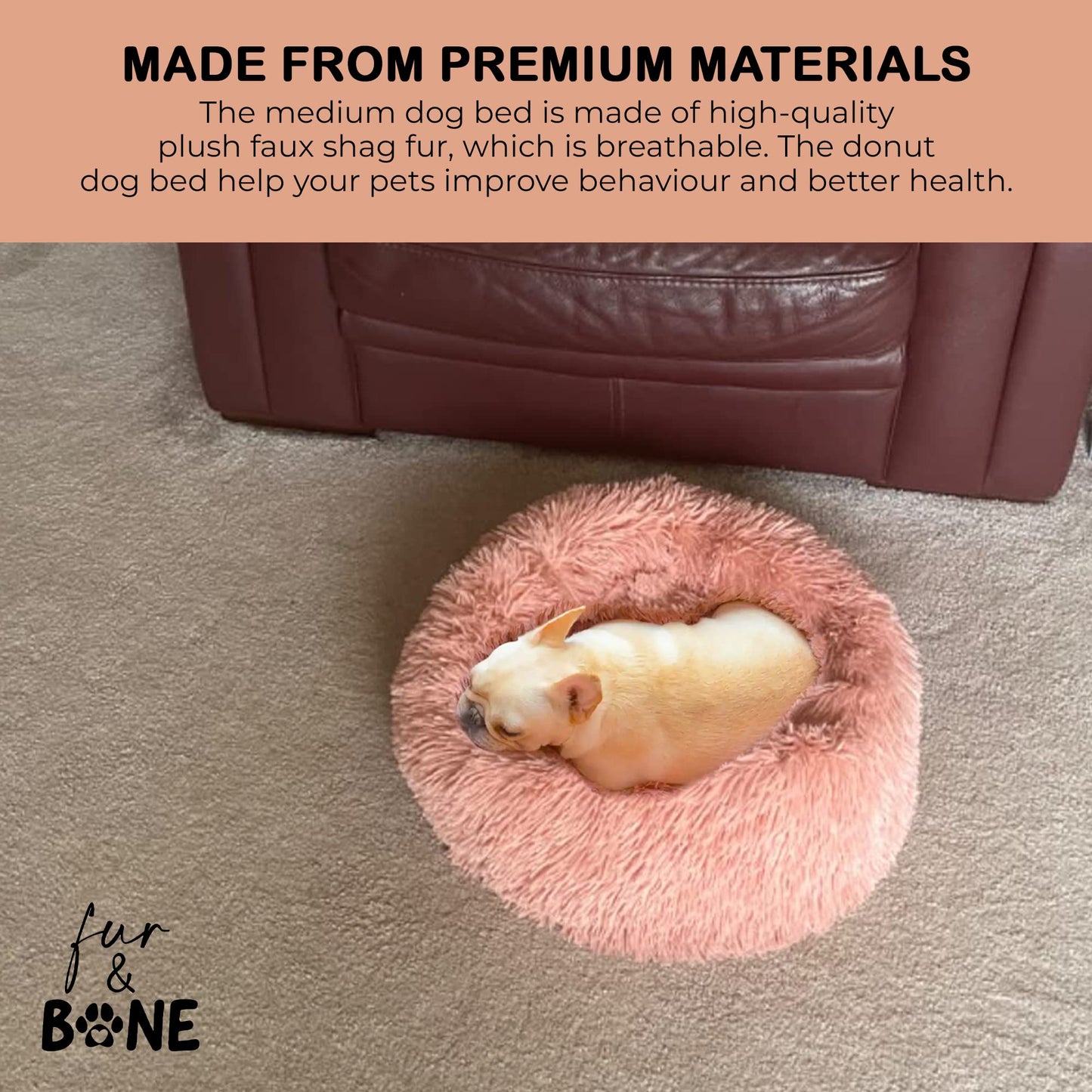 Fur & Bone Round Plush Donut Dog Cat Bed | Fluffy Cuddler Pet Cushion Self-Warming Beds | Washable Dog Bed with Non-Slip and Waterproof Bottom Calming Dog Bed - (60cm, Pink)