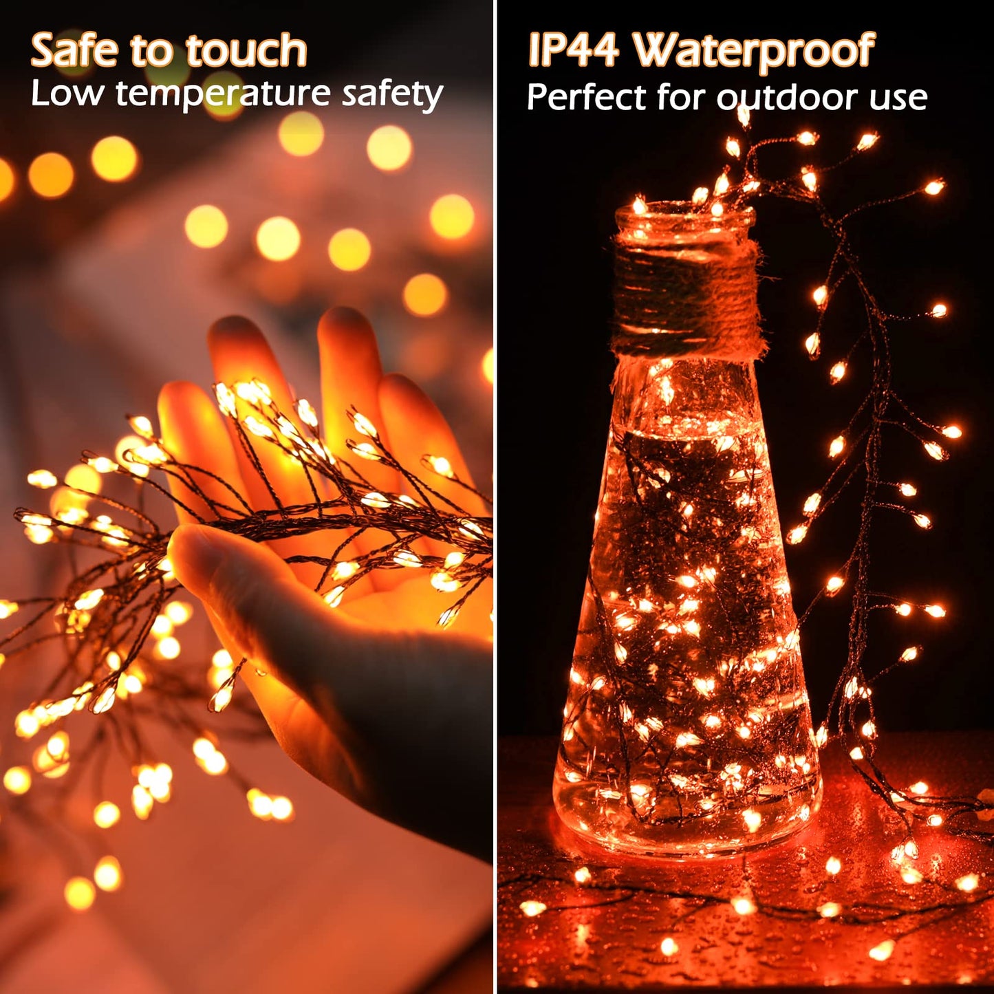 Halloween Fairy Lights Plug in, 10Feet 200 LEDs Firecracker String Lights with Remote, Cluster String Lights for Ceiling Bedroom Wreath Garland Window Bar Haunted Theme Halloween Decoration, Orange