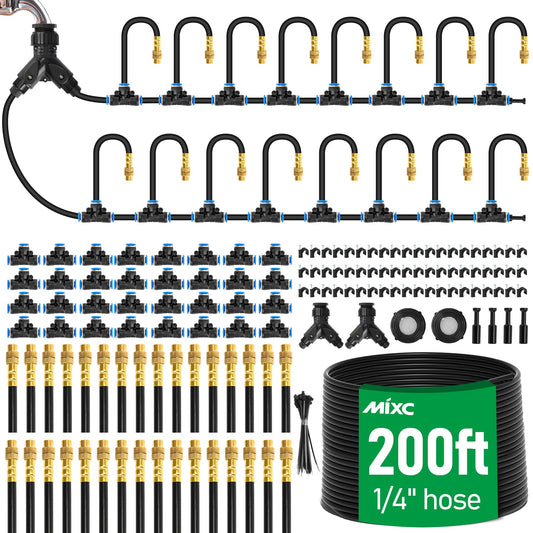 MIXC 200Ft 1/4" Drip Irrigation System,2026-Upgrade Garden Irrigation Kit with 32pcs Adjustable Copper Nozzles, Atomizing Watering System for Outdoor Plants,Raised Bed,Yard,Potted Plant,Lawn