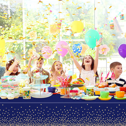 2 Pcs Navy Blue and Gold Plastic Tablecloth for Rectangle Table, 54 × 108 inches Disposable Gold Dot Dark Blue Party Table Covers for Anniversary, Wedding, Fine Dining, Graduation Party Decoration