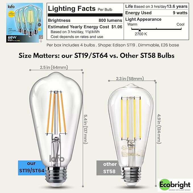 EcoBright ST19/ST64 LED Filament Bulbs, Dimmable, 60W Equivalent, 9W, 800 Lumens, 2700K Warm White, CRI90+, E26 Base, Flicker-Free, Edison Chandelier, ETL/FCC Certified (12 Pack)