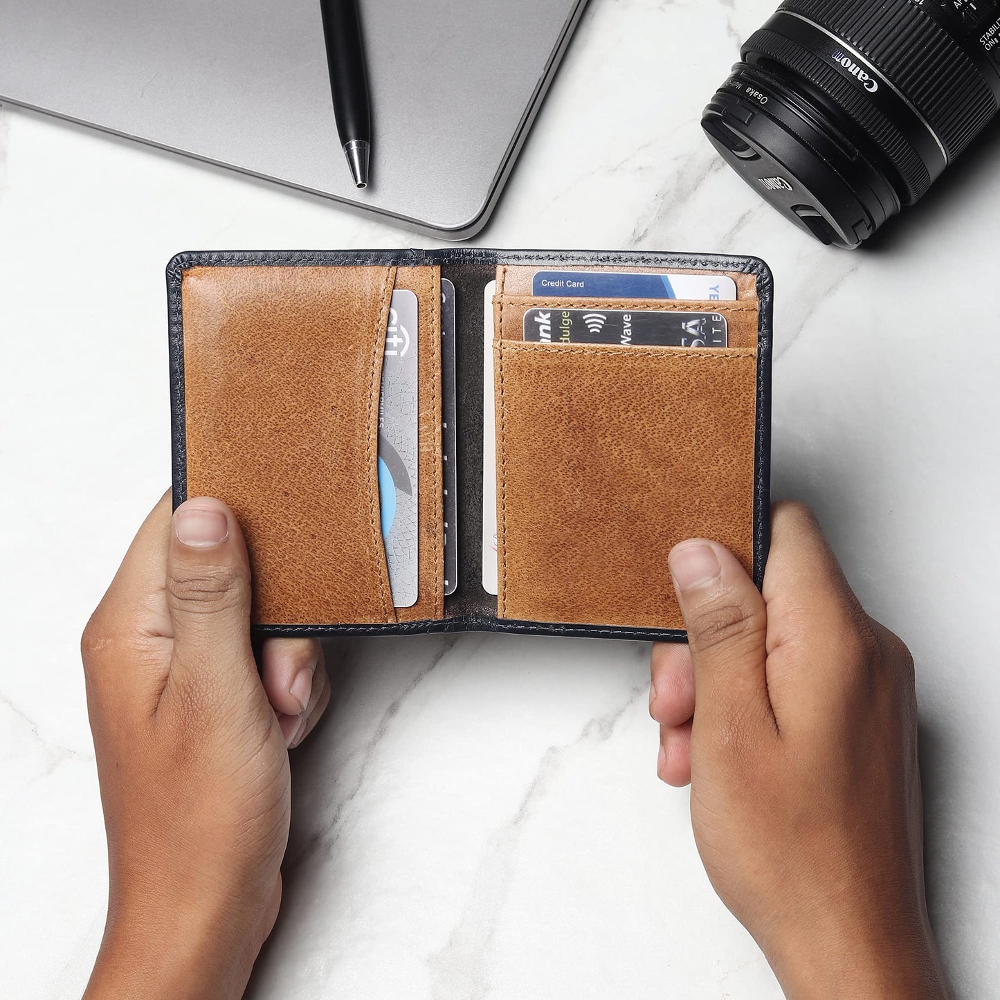 FOXHACKLE Leather Credit Card Holder for Men, Thin Bifold RFID Blocking Wallet, Slim Front Pocket Minimalist Wallet, Small Card Case (Blue Tan)