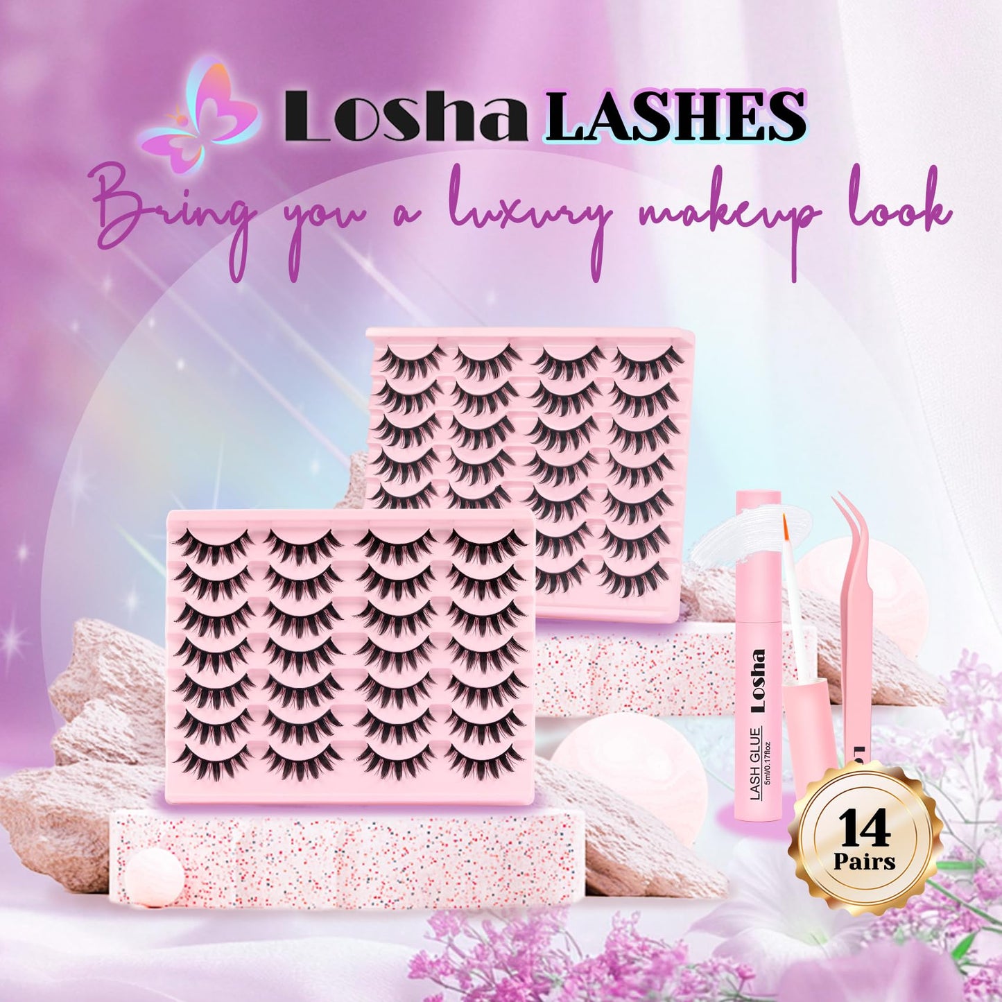 Losha Lashes Spiky Manga Lashes 14 Pairs Anime False Eyelashes 8D Wispy Eye Lashes Kit with Lash Glue and Lash Tweezers Natural Soft Fake Eyelashes (Cutes)