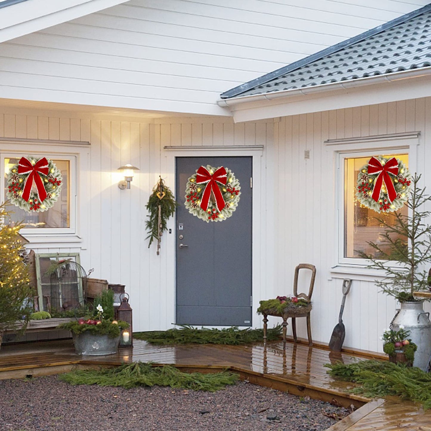 ATDAWN 2 Pcs Christmas Wreath, 15 Inch Outdoor Lighted Wreath for Front Door, Xmas Holiday Party Decorations