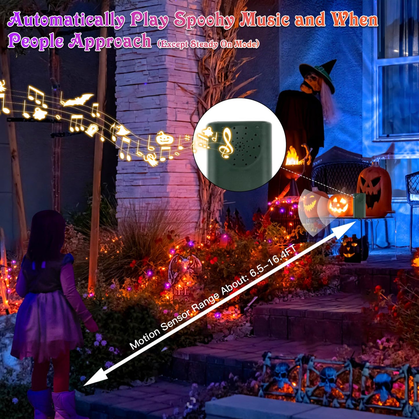 VTECHOLOGY 100 LED Motion Sensor Orange & Purple Halloween String Lights,33ft USB & Battery Operated Halloween Light String with Spooky Music for Halloween Holiday Indoor Decor