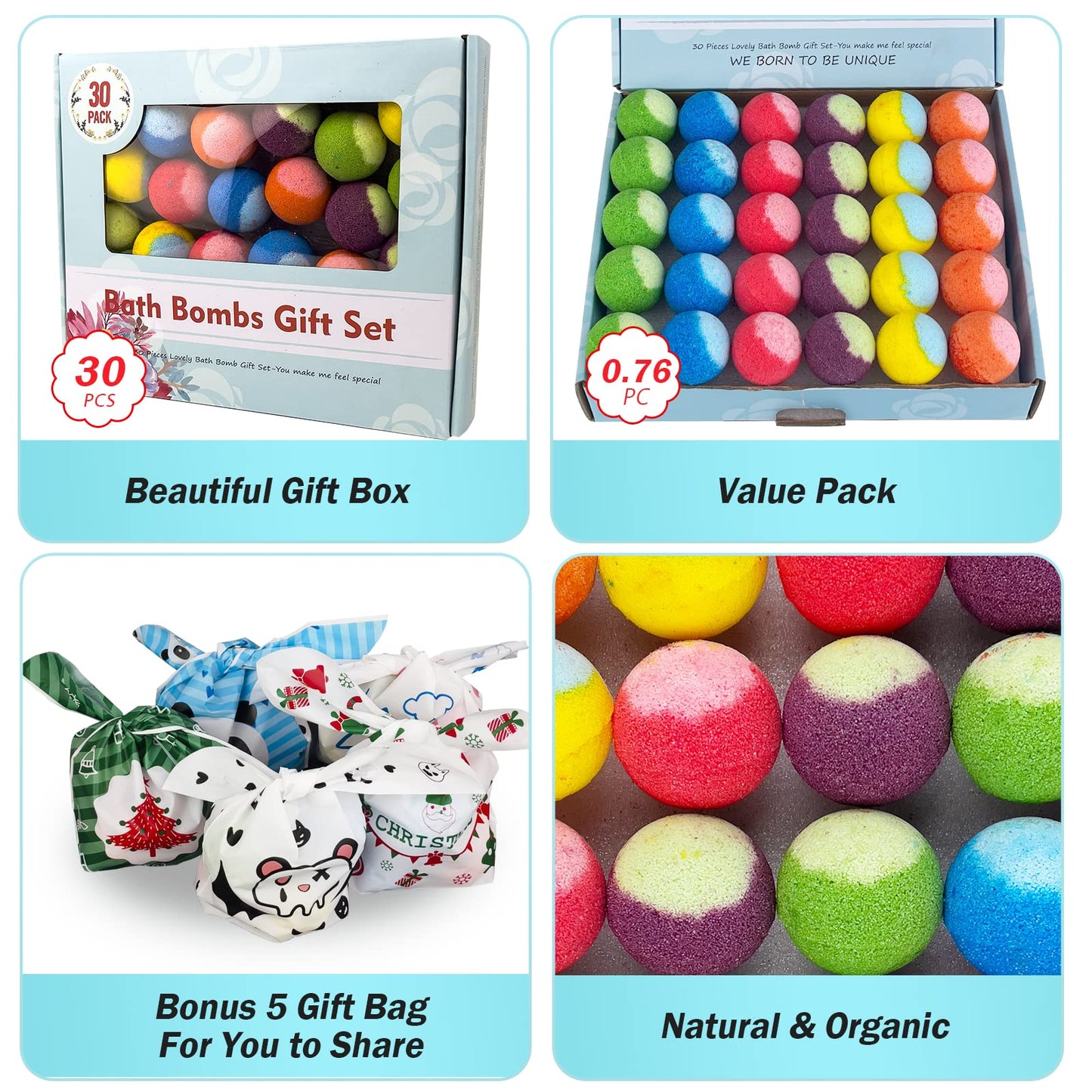 30 Pcs Bath Bomb Natural Organic Mini Bath Bombs, Handmade with Rich Fizz - Best Birthday Gift for Kids/Women/Men, Mother's Day