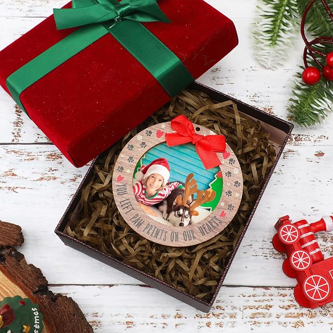Blulu 24 Pcs Christmas Pet Picture Frames Wooden Dog Paw Memorial Photo Ornaments Snowflake Christmas Tree Decorations Pet Sympathy Gifts