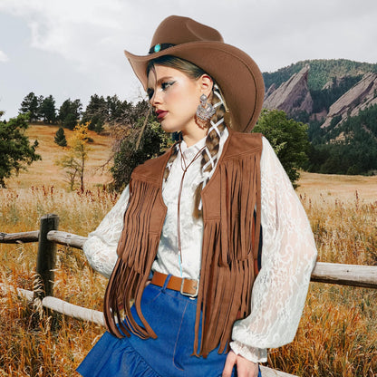 PARTTELY Western Outfits for Women Cowgirl Outfits Cowgirl Vest Boho Cowboy Hat Fringe Vest for Halloween Cosplay