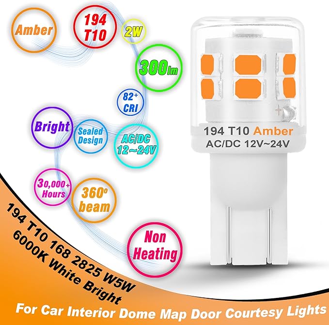 921 194 912 922 T10 LED RV Interior Lights Bulbs Amber Yellow Bulbs Replacement for Camper Trailer Car Interior Dome Map Door Courtesy Dashboard Side Marker Lights, AC/DC 12-24 Volt, 2 Pack