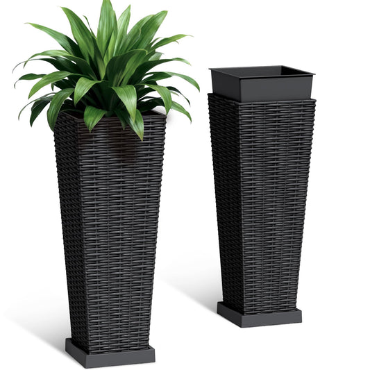 Acurax Set of 2 24 Inch Tall Plastic Planters with Drainage Saucers, Rattan Pattern UV Resistant Indoor Outdoor Flower Pots for Patio Garden Balcony Decor, Black