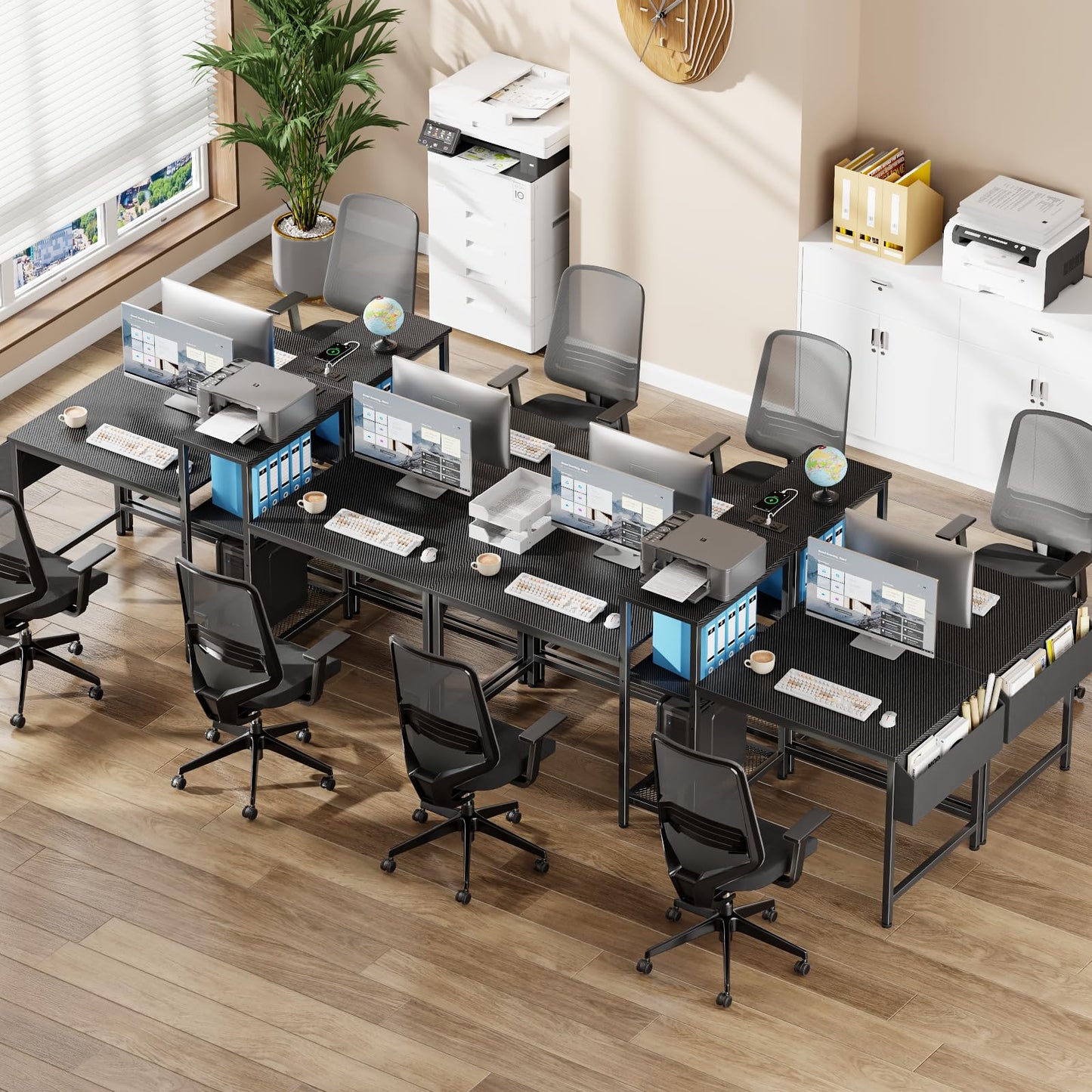 Furologee Double Desk with Power Outlets, 71 Inch Computer Desk with Storage Bag and Headphone Hooks, Gaming Desk Study Writing Table for Home Office, Black