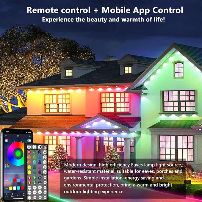 140FT Permanent Outdoor RGB Lights - IP67 Waterproof with Smart App Control Remote, DIY Scene Modes, Music Synchronization, Eaves Lights for Garden Decor, Deck, Party, Party,Roof