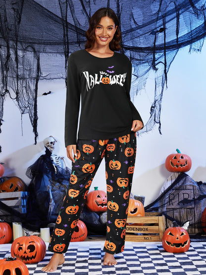 VENTELAN Women's Halloween Pajama Set Soft Lounge Sets Long Sleeve Sleepwear Holiday 2 Piece Pjs Loungewear,Halloween Black,3XL