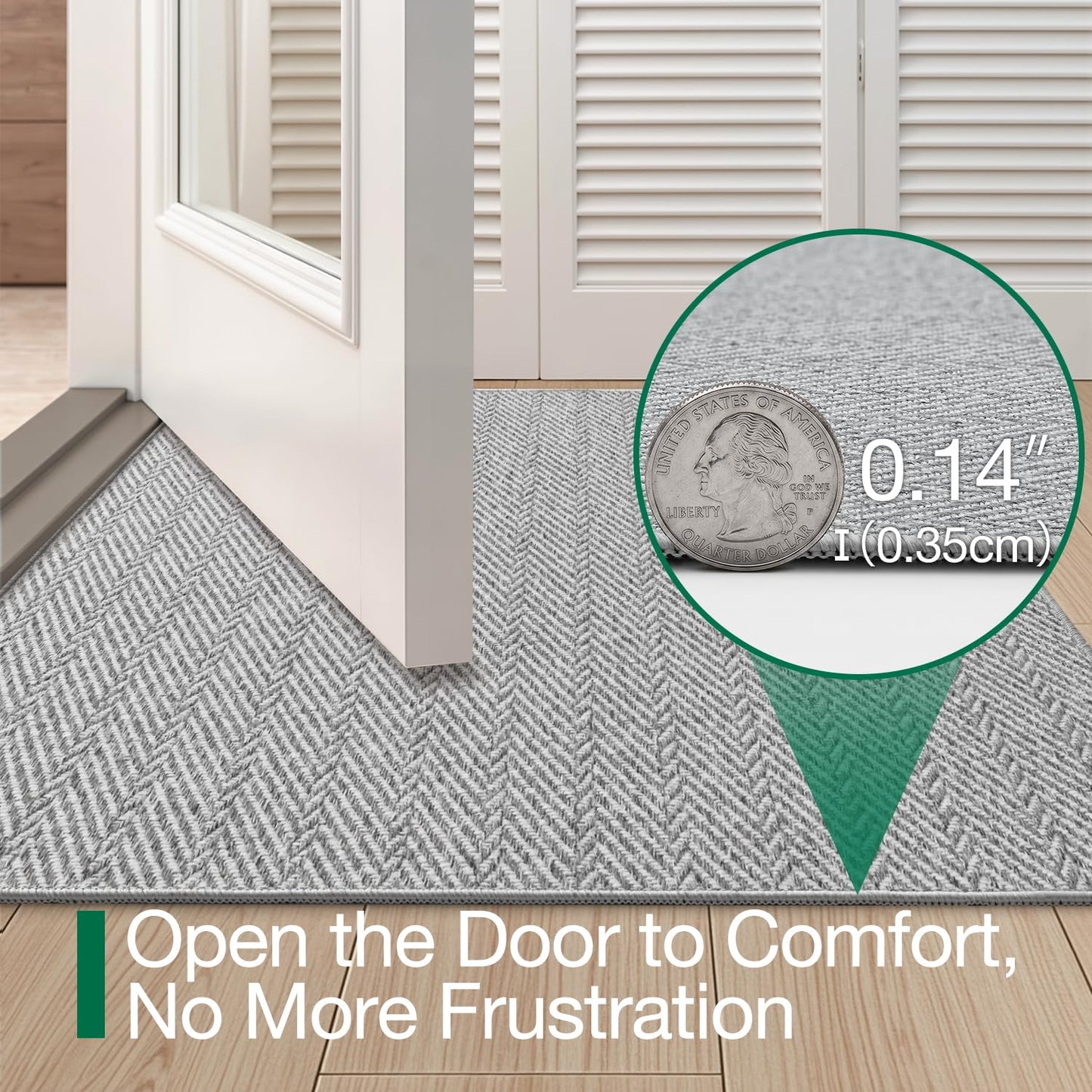 LUMI Ultra Thin Indoor Door Mat for Entrance 24"x36", Non Slip Entryway Mat, Low Profile Doormat, Unique Herringbone Design Carpet for Inside, Patio, Porch, Gray