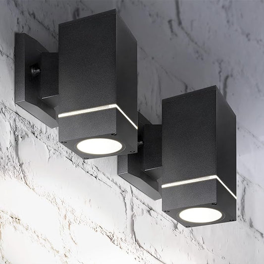 ASD 1 Light Square Outdoor Wall Light Fixture | 60W E26 Bulb Socket 120V ETL Cylinder Up Down Lights | LED/CFL/Incandescent Bulb Exterior Wall Sconce | Front Door, Porch Patio | Ringed Black, 2 Pack