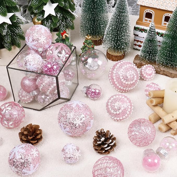 Super Holiday Christmas Ball Ornaments, 33PCS Pink Clear Shatterproof Plastic Foam Ornaments Set for Hanging Xmas Tree Holiday Thanksgiving Valentine's Day Party Decor.
