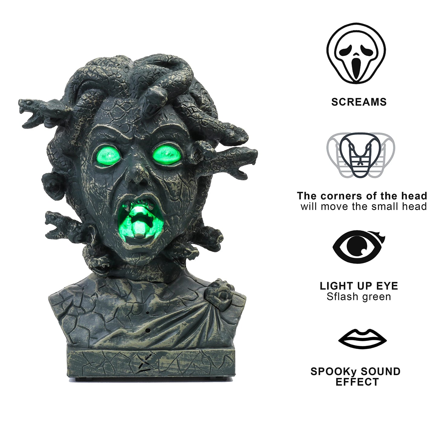 EVAPLUS 12 inch Electronic Animated Medusa Bust,Indoor/Outdoor Halloween Decoration,Creepy Tabletop Decor
