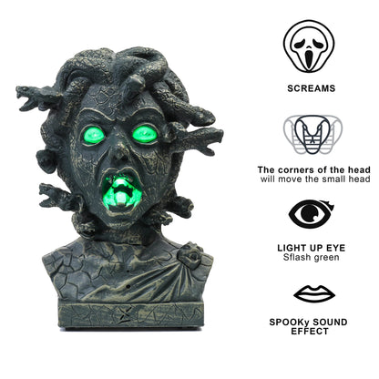 EVAPLUS 12 inch Electronic Animated Medusa Bust,Indoor/Outdoor Halloween Decoration,Creepy Tabletop Decor