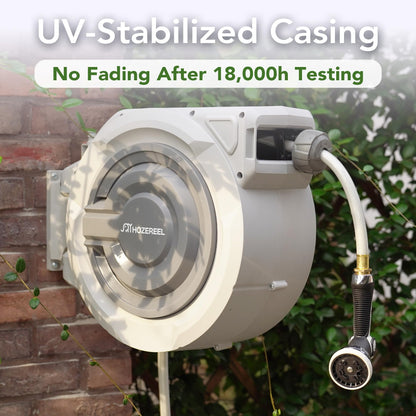 110 FT Retractable Garden Hose Reel by HOZEREEL, Outdoor Garden Hose Reels 1/2" - Automatic Self Retract Wall Mount Hose Reel Enclosed Storage, Any Length Lock, 10 Pattern Nozzle-Grey