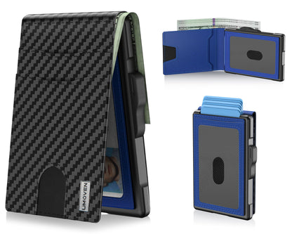 Wallet for Men - Pop Up Case, Cash Slot, and Credit Card Slot - Slim Aluminum Wallet with RFID Blocking, Minimalist Leather Wallet Front Pocket with ID Window, Gift Box (Carbon Fiber), Carbon Blue