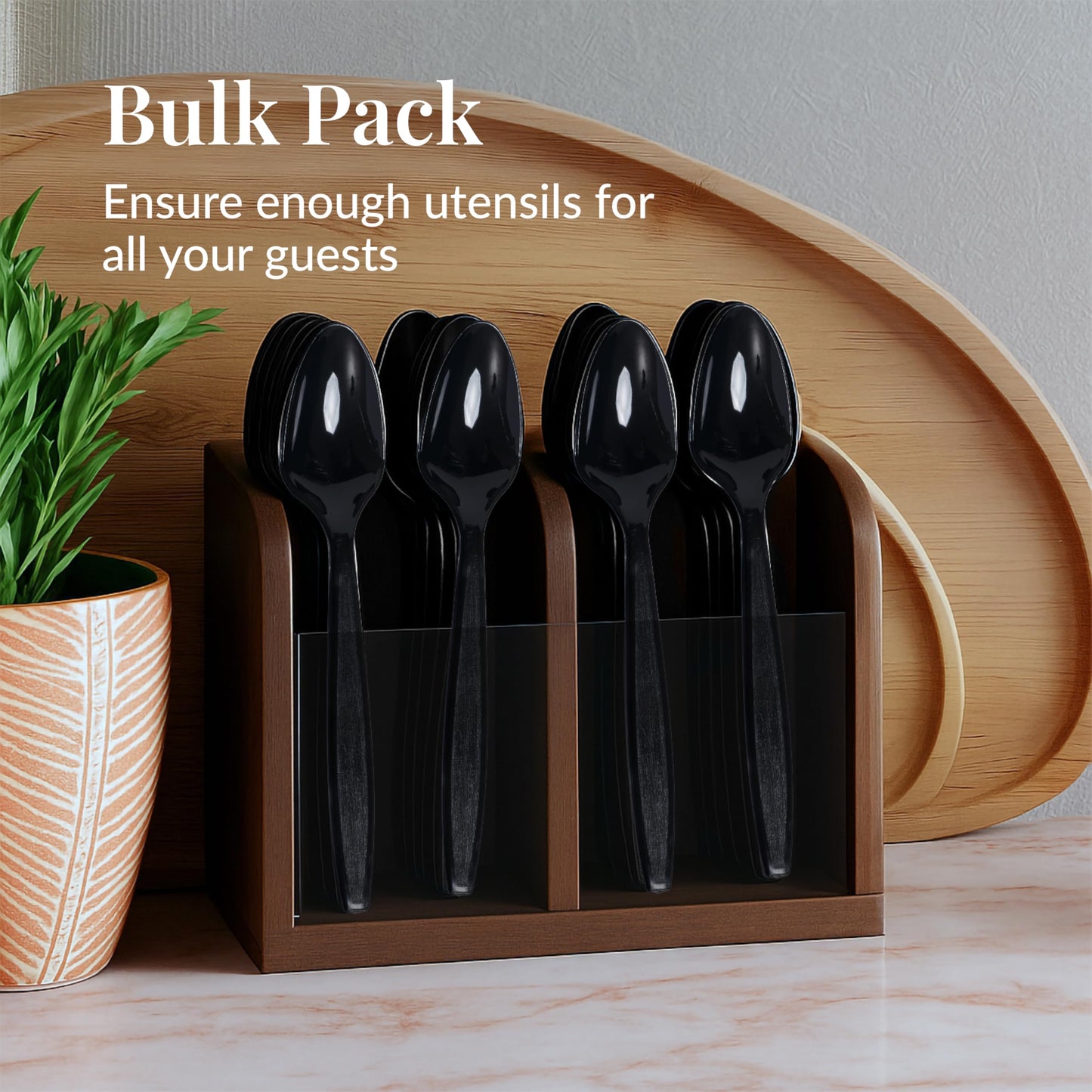 Prestee 300 Black Plastic Spoons Bulk - Durable Disposable Plastic Silverware Spoons - Heat-Resistant Spoon Cutlery - Heavy Duty Flatware Pack - Disposable Silverware Utensil Set for Hot and Cold Food