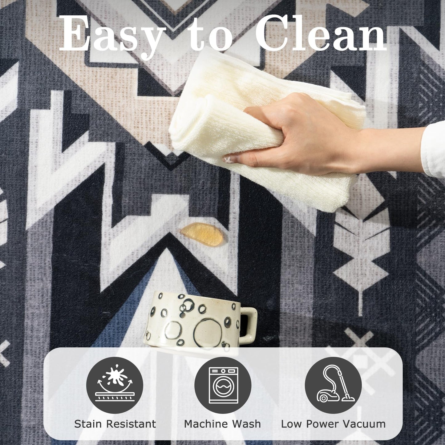 Western Rug for Living Room, 6x9 Non Slip Low Pile Aztec Rug for Bedroom, Dining Room Rugs for Under Table, Office, Large Machine Washable Area Rugs, Grey