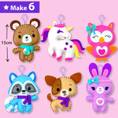 KRAFUN Unicorn Sewing Keyring Kit for Kids Ages 7-12, Beginner Craft Set with 6 Stuffed Dolls (Bear, Dog, Rabbit, Raccoon, Owl, Unicorn), Felt Materials, Embroidery Supplies, Instructions