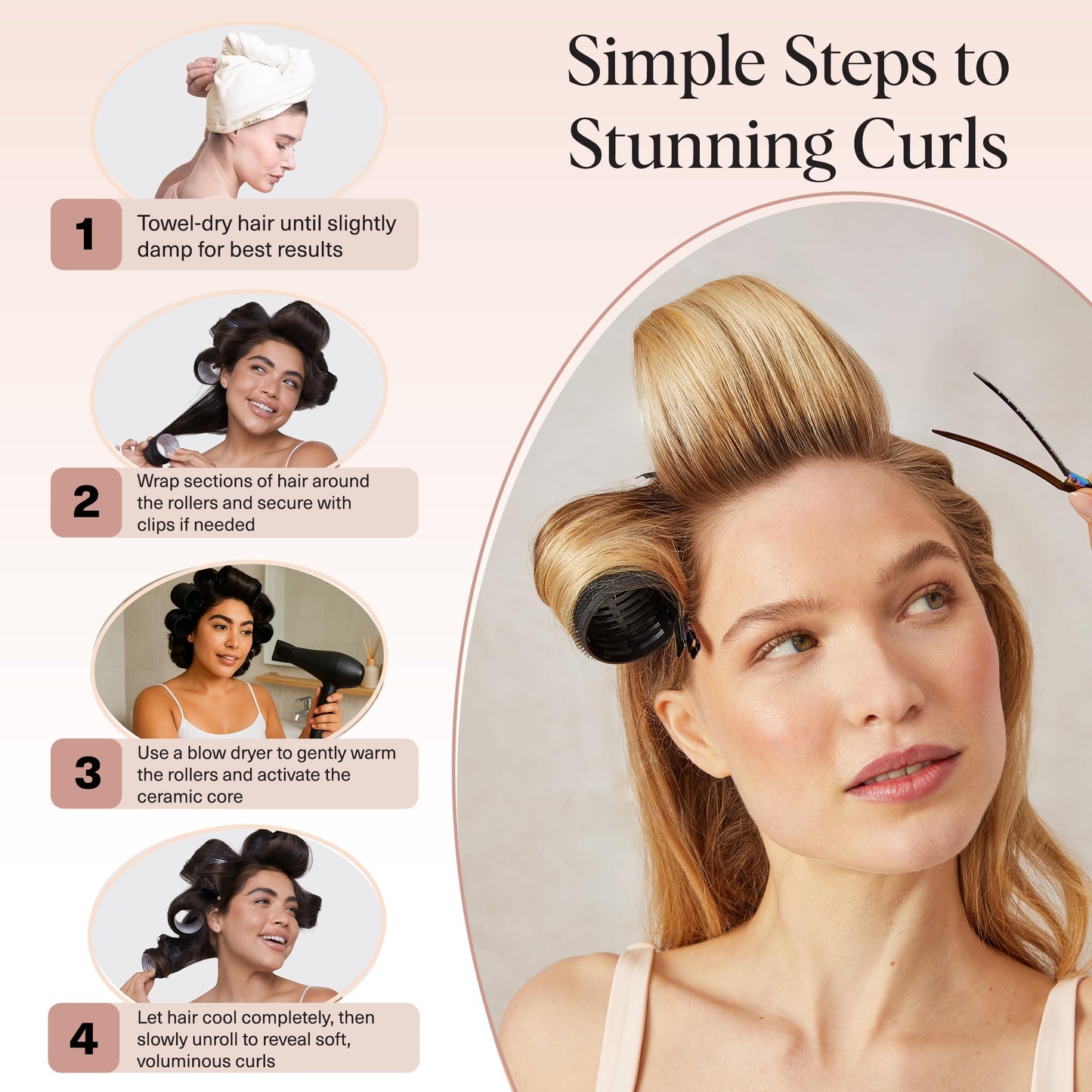 Kitsch Ceramic Thermal Hair Rollers Set 8pcs - Hair Curlers Rollers for Perfect Curls, Hot Rollers kit for long hair, Hair rollers for long hair, Hair Curler & Hair Roller, Ceramic Coated Core, Black