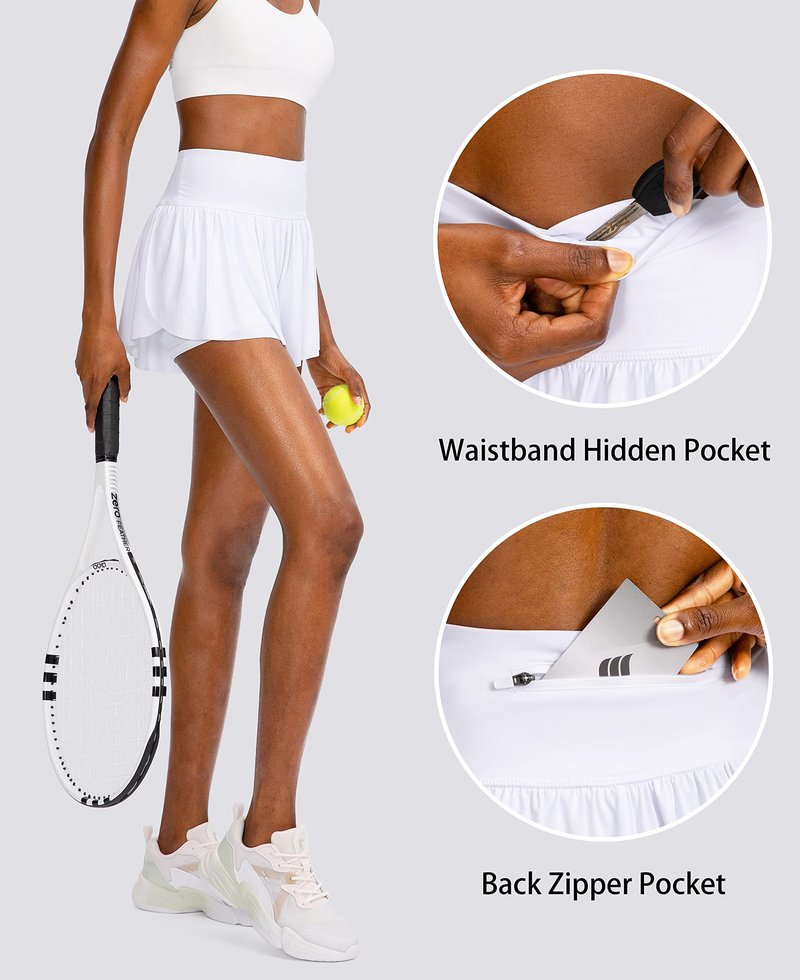 Flowy Running Shorts for Women with 4 Pockets 2 in 1 High Waisted Women's Butterfly Workout Athletic Tennis Skirt Shorts