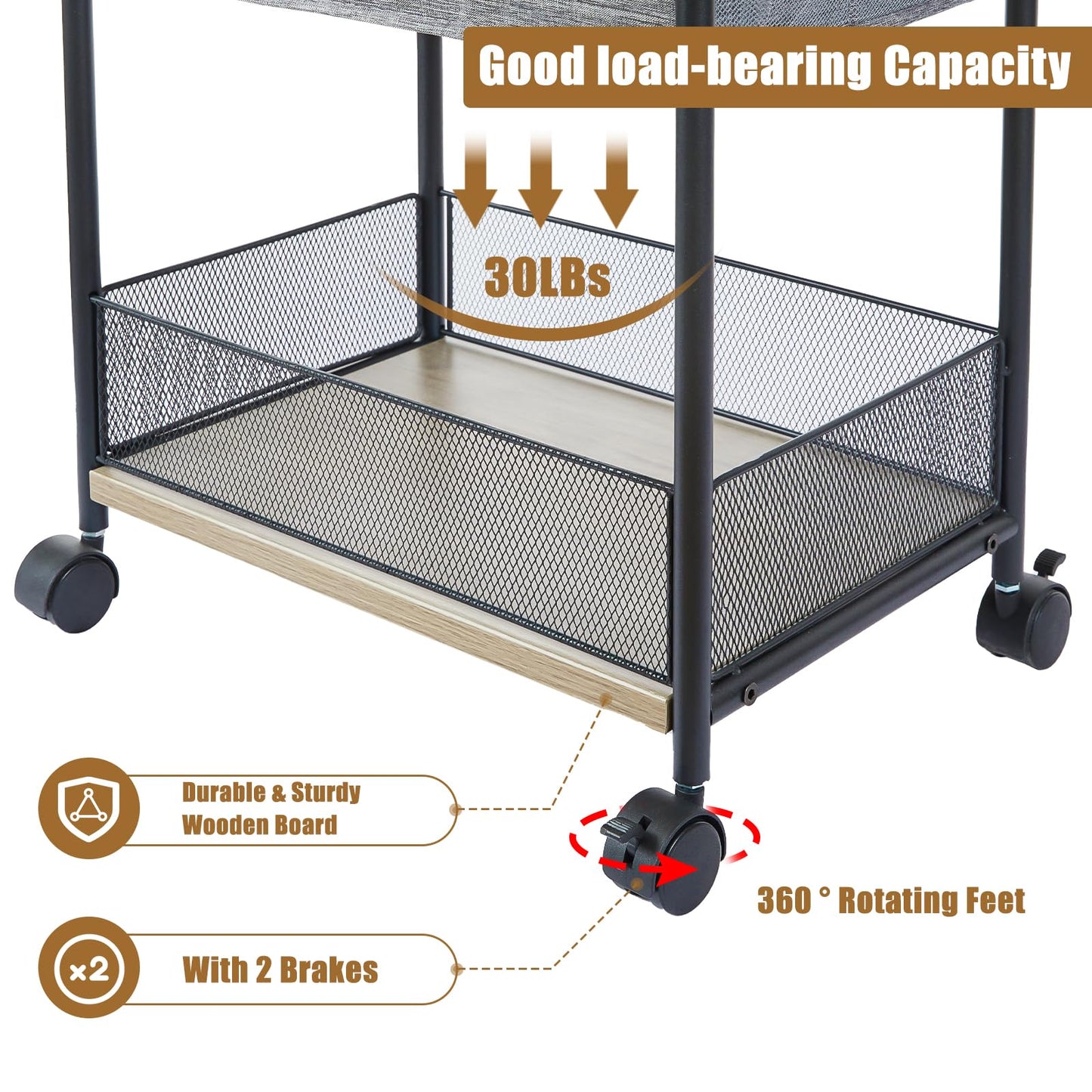 3-Tier Baby Diaper Caddy Organizer and Storage Cart with 4+2 Dividers, Mobile Metal Utility Cart with Rolling Wheels for Nursery Essentials, Large Capacity Rolling Carts for Crib, Bedroom, Bathroom