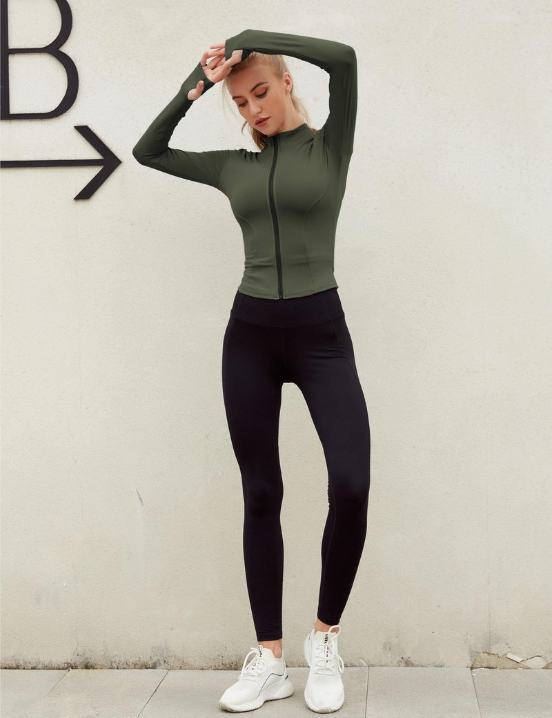 Lviefent Womens Lightweight Full Zip Running Track Jacket Workout Slim Fit Yoga Sportwear with Thumb Holes (Army Green, Medium)