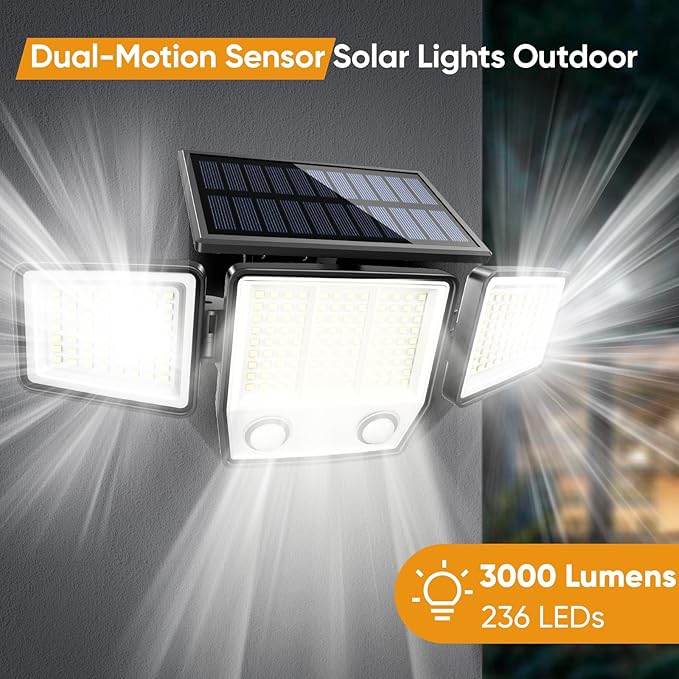 Solar Motion Sensor Outdoor Lights Waterproof - 3000LM 3 Modes Security Lights Outdoor 270° Illumination IP65 LED Solar Flood Wall Light for Garden Yard Patio Pathway (Modern, 3)
