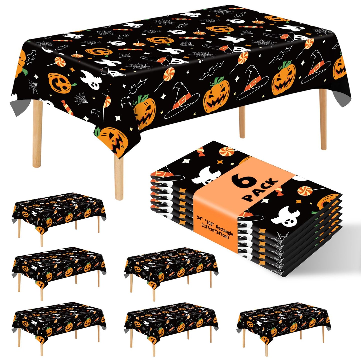 JHDZDHY 6 Pack Halloween Pumpkin Ghost Tablecloth, 54" x 108" Rectangular Plastic Spider Web Table Cloth Large Size Halloween Table Covers for Home Decor Party Decorations (Halloween Pumpkin Ghost)