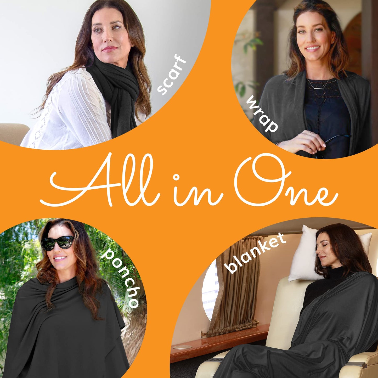 Happyluxe Travel Shawl Wraps for Women - 68x35in Black Wrap. Lightweight UPF50+ Pashmina, Airplane Travel Blanket Scarf