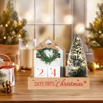 Christmas Tree Countdown Block LED Lighted 99 Days Until Christmas Wreath Calendar Tabletop with Timer Number Date Rustic Wooden Home Decor Holiday Xmas Ornament Desk Decoration Gift